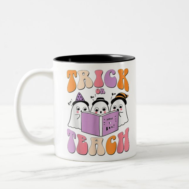 Trick Or Teach Ghost Retro Groovy Halloween Teache Two-Tone Coffee Mug (Left)