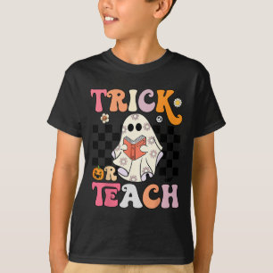 Trick or Teach Groovy Halloween Retro Floral Ghost T-Shirt
