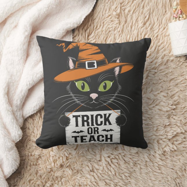 Trick or Teach Halloween Cat - Funny Teacher Throw Pillow (Blanket)