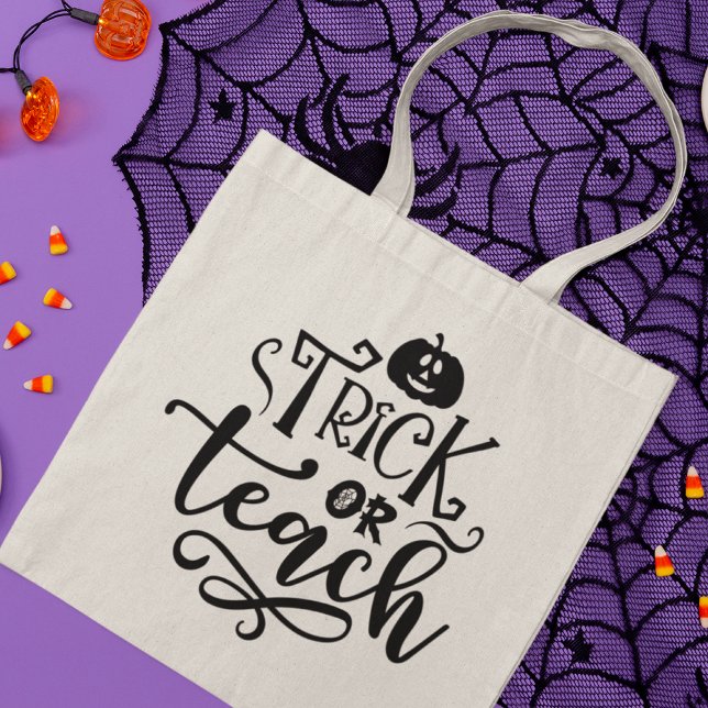 Trick or Teach Modern Halloween Pumpkin Teacher Tote Bag (Creator Uploaded)