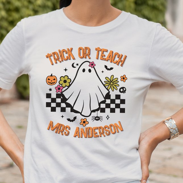 Trick or Teach Retro Ghost Teacher Halloween T-Shirt (Creator Uploaded)