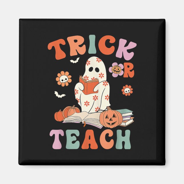 Trick Or Teach Retro Groovy Floral Ghost Teacher H Magnet (Front)