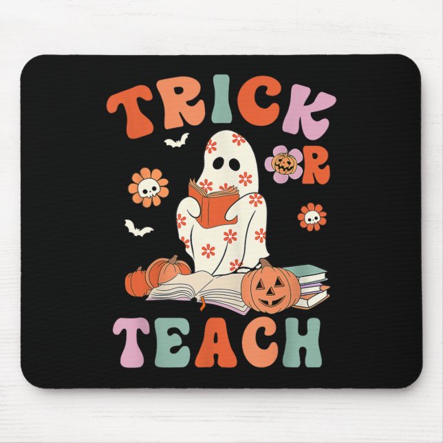 Trick Or Teach Retro Groovy Floral Ghost Teacher H Mouse Pad (Front)