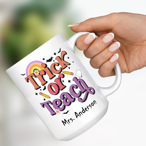 Trick or Teach Retro Pastel Halloween Teacher Name Coffee Mug