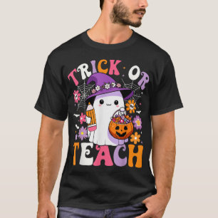 Trick Or Teach Teacher Groovy Ghost Halloween  T-Shirt