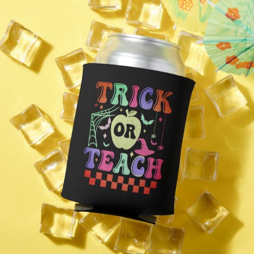 Trick Or Teach Teacher Groovy Retro Halloween Can Cooler