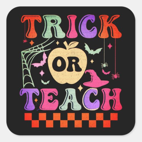 Trick Or Teach Teacher Groovy Retro Halloween Square Sticker