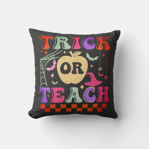 Trick Or Teach Teacher Groovy Retro Halloween Throw Pillow