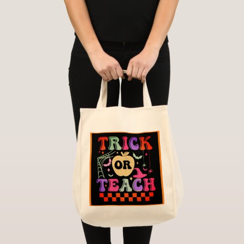 Trick Or Teach Teacher Groovy Retro Halloween Tote Bag