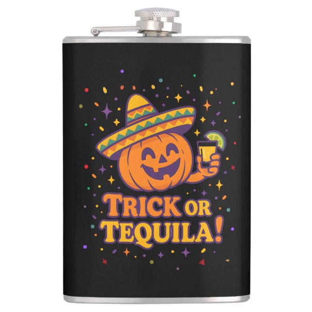 Trick or Tequila – Funny Halloween Pumpkin Party F Flask (Front)