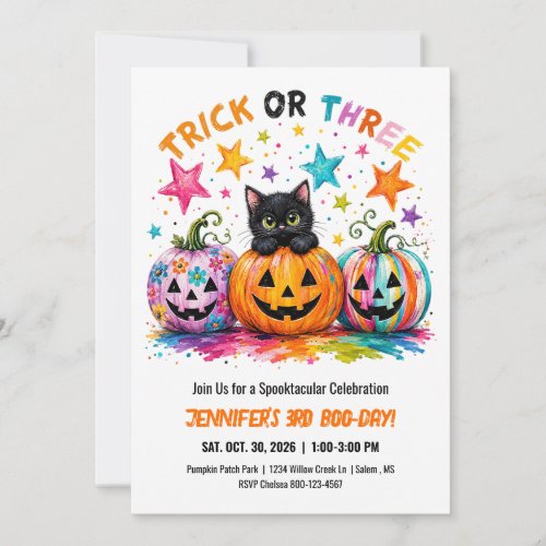 Trick or Three 3rd Birthday Halloween Party Cat Invitation