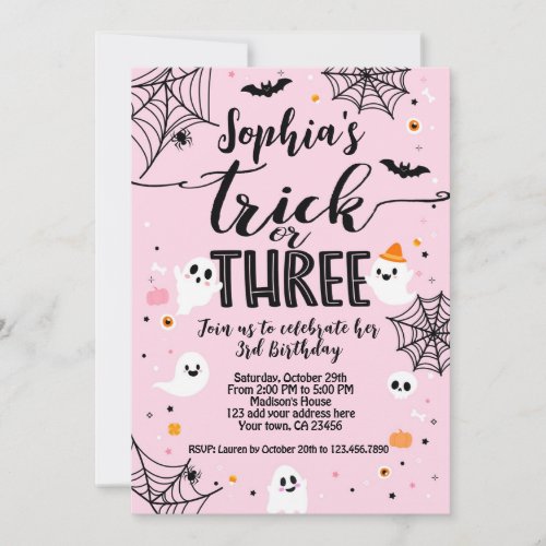 Trick or Three 3rd Birthday Pink Halloween Invitation