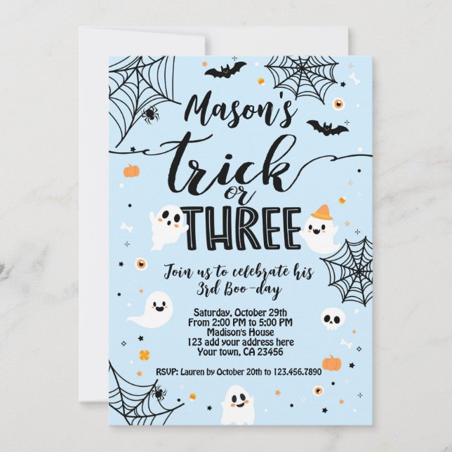 Trick or Three Blue Halloween Cute Ghost Invitation (Front)