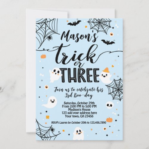 Trick or Three Blue Halloween Cute Ghost Invitation