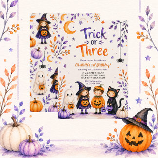 Trick or Three Cute Fun Halloween 3rd Birthday Invitation