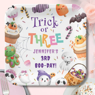 Trick or Three! Cute Purple Halloween 3rd Birthday Paper Plates