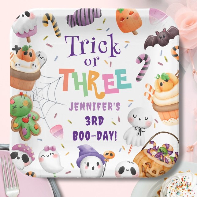 Trick or Three! Cute Purple Halloween 3rd Birthday Paper Plates (Creator Uploaded)