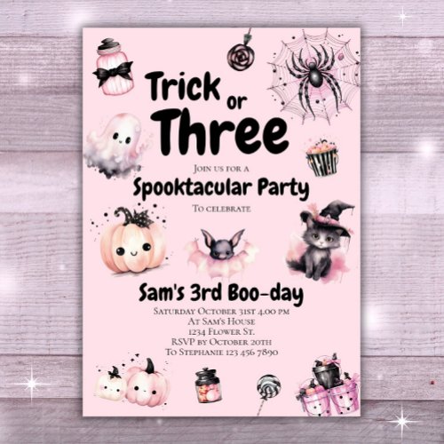 Trick or Three Girl Cute Halloween 3rd Birthday Invitation