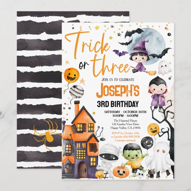 Trick or Three Halloween 3rd Birthday Party Cute Invitation (Front/Back)