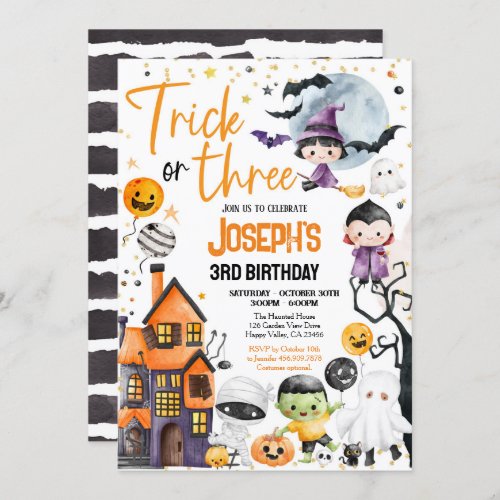 Trick or Three Halloween 3rd Birthday Party Cute Invitation