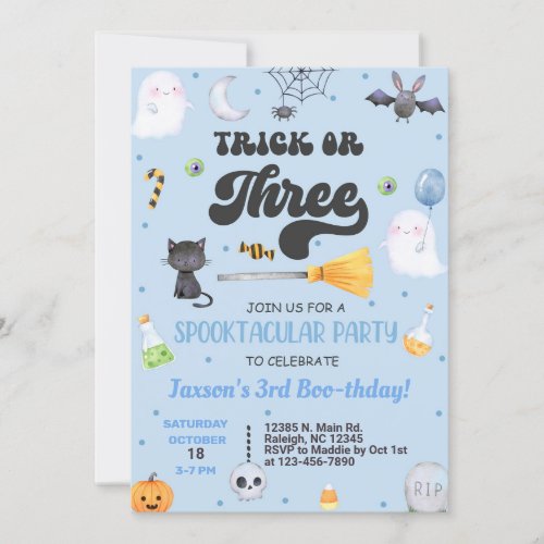 Trick or Three Halloween boy 3rd birthday invite Invitation