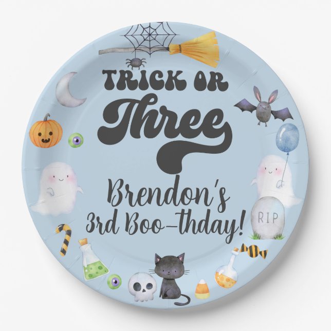 Trick or three Halloween boy birthday paper plates (Front)