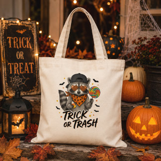 Trick or Trash Raccoon Halloween Tote Bag