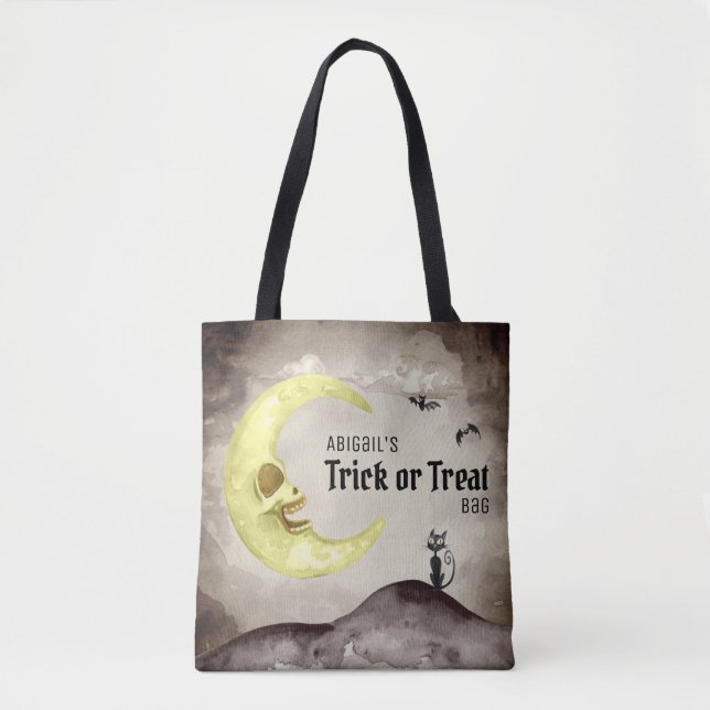 Trick or Treat (Add Name!) Halloween Spooky Moon Tote Bag (Front)