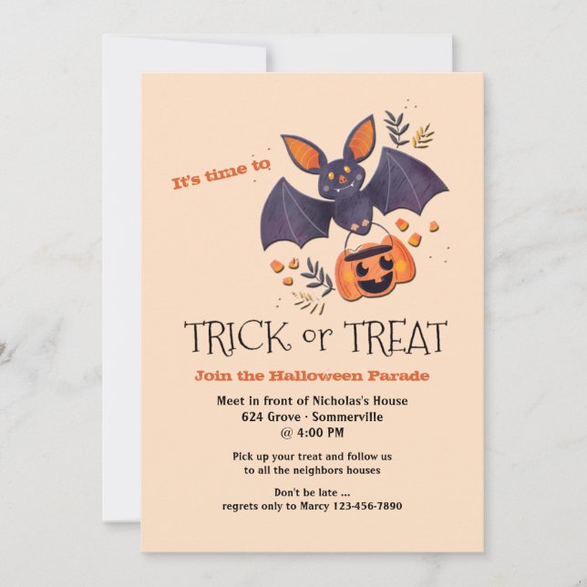 Trick or Treat Bat Halloween Parade Invitation (Front)