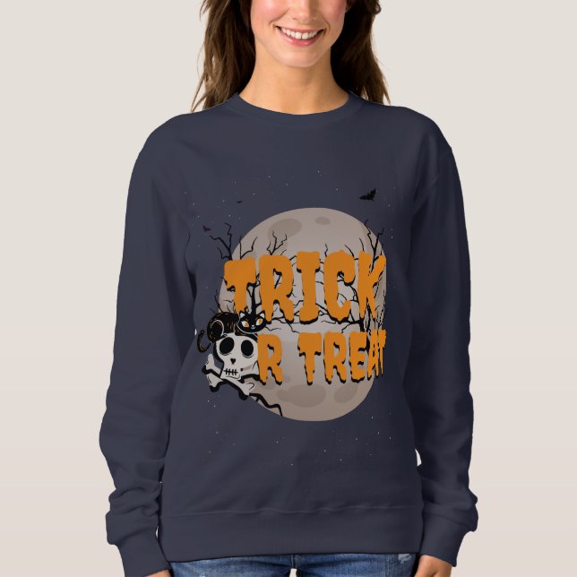 Trick or Treat Black Cat and Skull Halloween Party Sweatshirt (Front)
