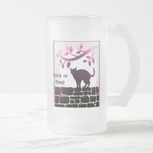 Trick or Treat Black Cat Frosted Glass Beer Mug