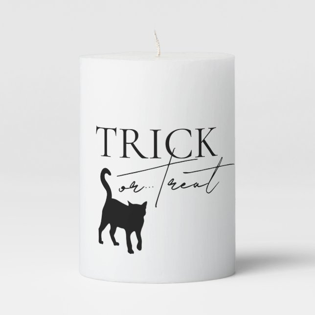 Trick or Treat Black Cat Halloween Pillar Candle (Front)