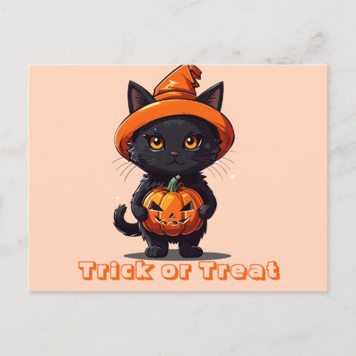 Trick or Treat Black Cat in Witches Hat Halloween Holiday Postcard