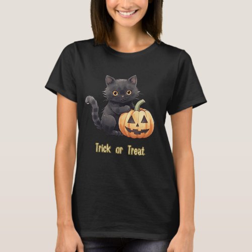 Trick or Treat Black Cat Pumpkin Black Halloween T_Shirt