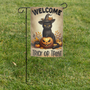 Trick or Treat Black Cat Pumpkin Halloween Welcome Garden Flag