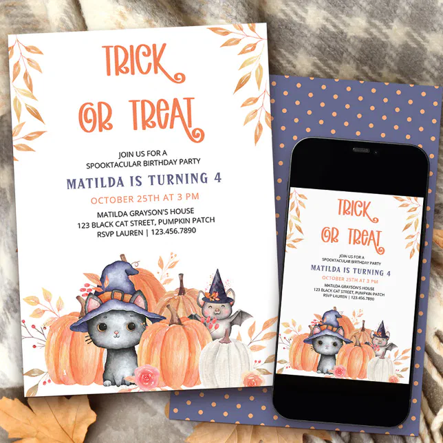 Trick or Treat Black Cat Pumpkin Patch Birthday In Invitation | Zazzle