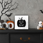 Trick or Treat Black Halloween Pumpkin Wooden Box Sign<br><div class="desc">Celebrate Halloween in style with this "trick or treat" seasonal wood tabletop display sign featuring modern script lettering on a black rustic textured pumpkin.</div>