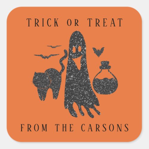 Trick or Treat Black Orange Halloween Ghost Witch Square Sticker