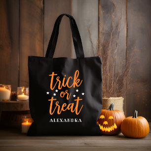 Trick or Treat Black Orange Script Halloween Tote Bag