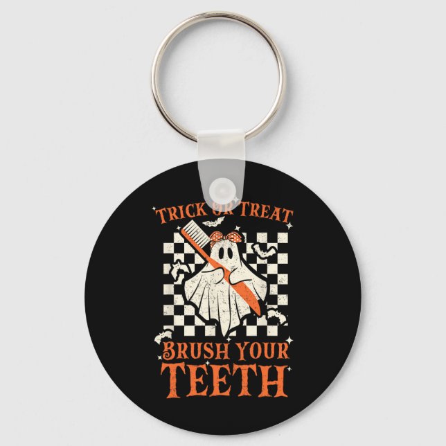 Trick Or Treat Brush Your Teeth Dentist Halloween  Keychain (Front)