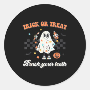 Trick Or Treat Brush Your Teeth Retro Halloween Cu Classic Round Sticker