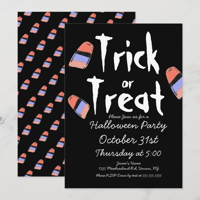 Trick or Treat Candy Costume Doodle Design Black Invitation (Front/Back)