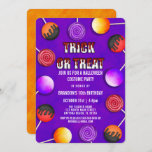 Trick or Treat Candy Halloween Costume Birthday Invitation<br><div class="desc">This cool and modern Halloween costume birthday party invitation is perfect for your son's or daughter's special day. It features hand-drawn illustrations of different kinds of lollipop candies on top of an abstract purple and orange background. It includes the phrase, "Trick or Treat, " in red blood drips and white...</div>