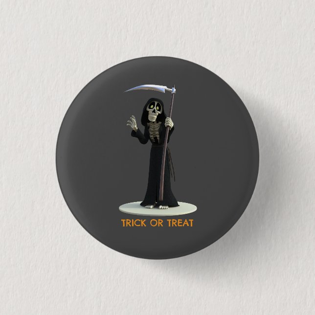 Trick or Treat. Cartoon Grim Reaper Button (Front)