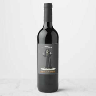 Trick or Treat. Cartoon Grim Reaper Wine Label