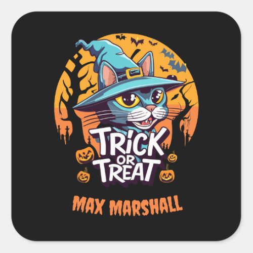 Trick or Treat Cat _ Creepy Crawlies Orange Black Square Sticker