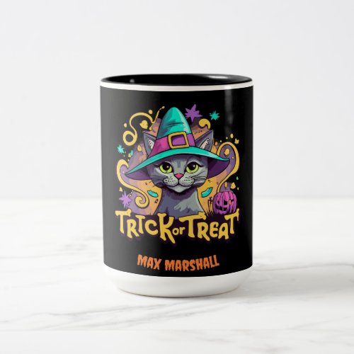 Trick or Treat Cat _ Night Owl Pink Black Two_Tone Coffee Mug