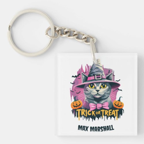 Trick or Treat Cat _ Pumpkin Patch Pink Black Keychain