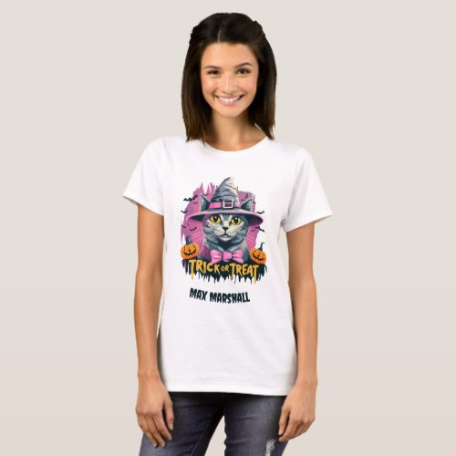 Trick or Treat Cat _ Pumpkin Patch Pink Black T_Shirt