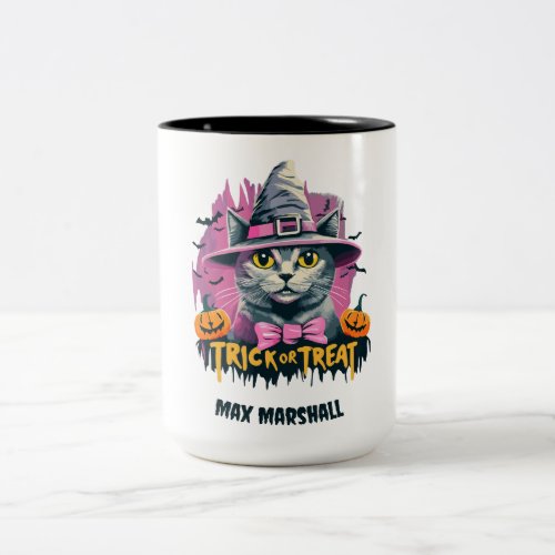 Trick or Treat Cat _ Pumpkin Patch Pink Black Two_Tone Coffee Mug